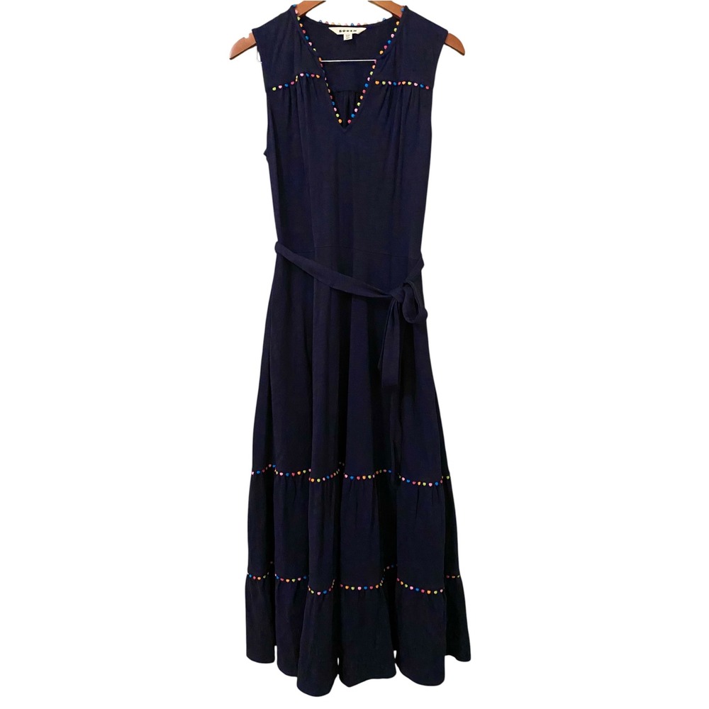 Boden Tara Tiered Midi Dress US 8 Pom Trim 100% Cotton Navy Blue - Picture 6 of 15